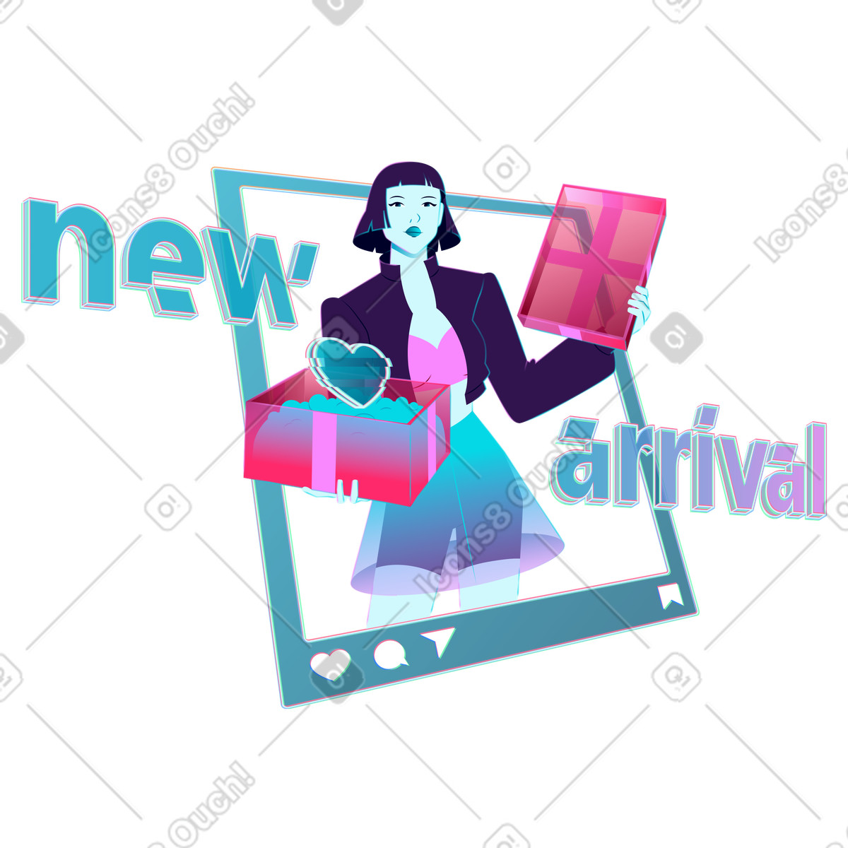 Neon 스타일의 Unboxing gift with new arrival text, E-commerce announcement 일러스트레이션 PNG, SVG 다운로드