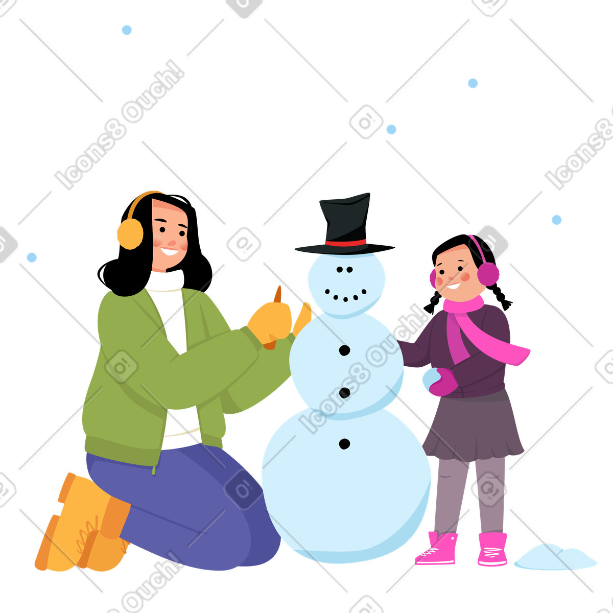 Lagom スタイルの 雪だるまを作る母と娘 のイラストをPNG、SVG形式でダウンロード