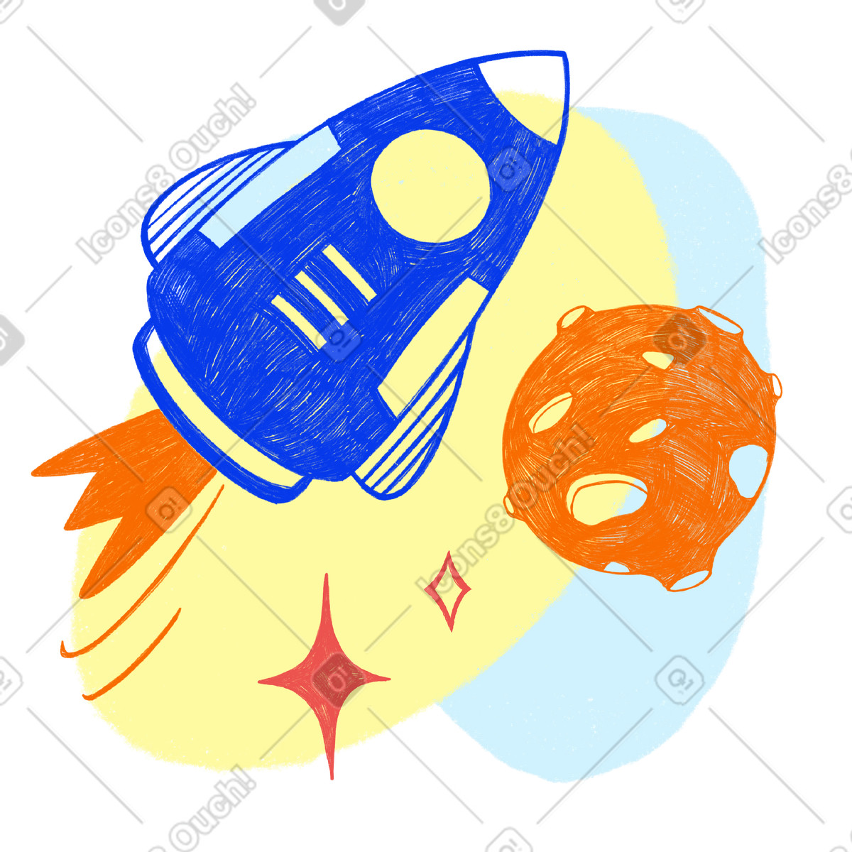 下载 Biro 风格的 Rocket flies to the moon in space 插画，支持 PNG、SVG 格式