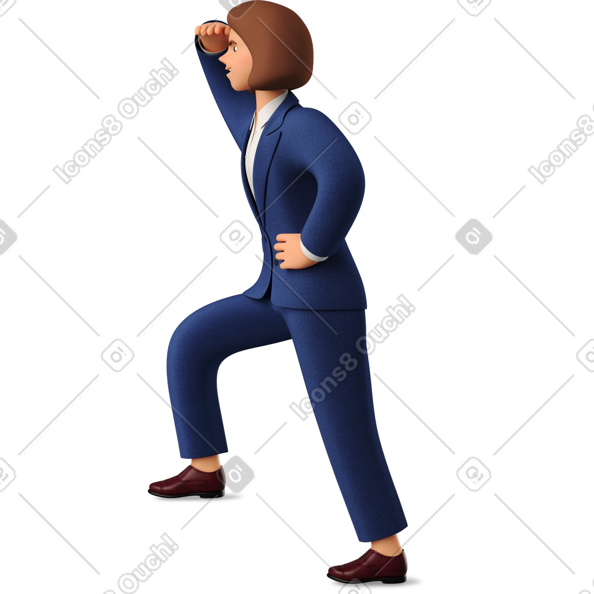 Side view of businesswoman in blue suit looking into the distance illustration 3D Business style download PNG, SVG