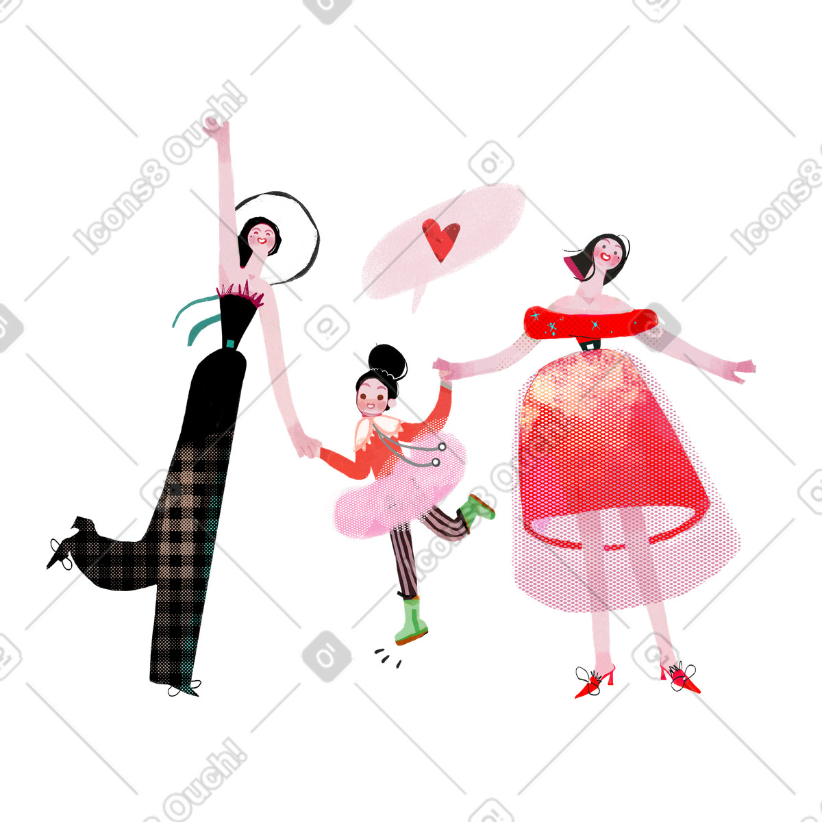 Ilustración Familia feliz con dos madres y una hija. en estilo Fabulous a descargar en PNG SVG