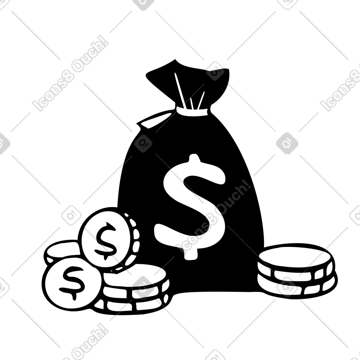 Bag of money with coins laying around illustration in Journal style download in PNG, SVG