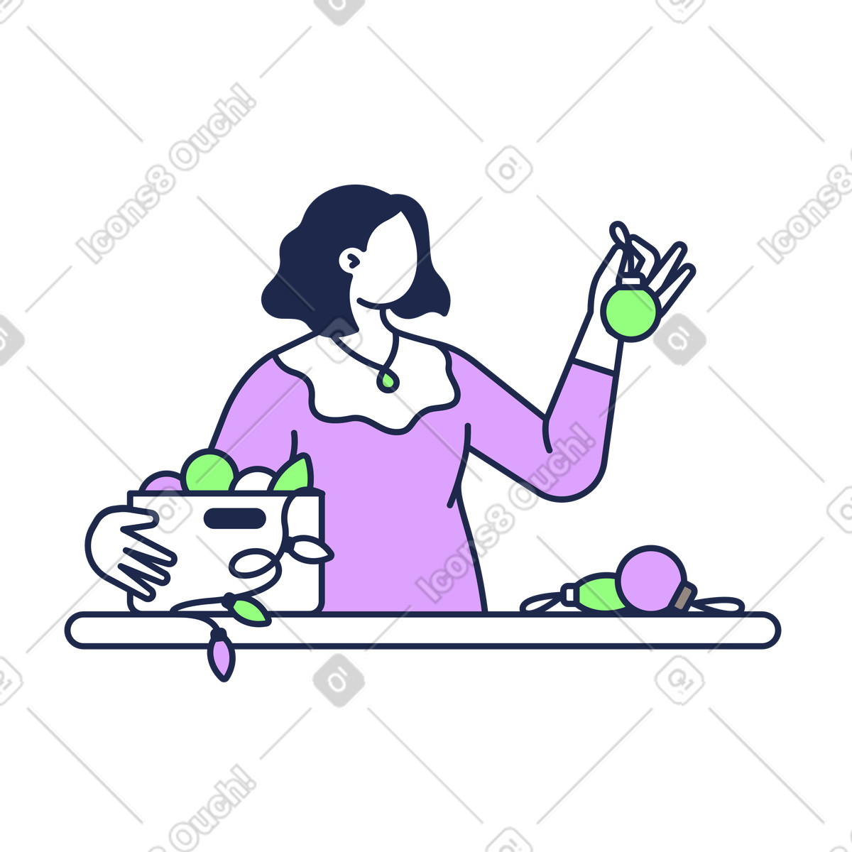 Box of Christmas ornaments and lights on table, Holiday ornament organization illustration in Outline style download in PNG, SVG