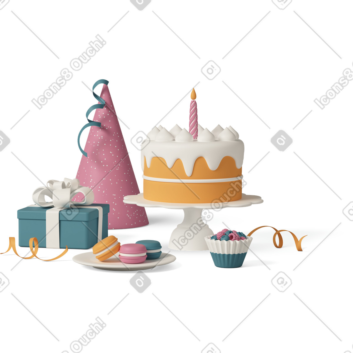 下载 3D Casual life 风格的 Cake dessert and macaroons for birthday party 插画，支持 PNG、SVG 格式