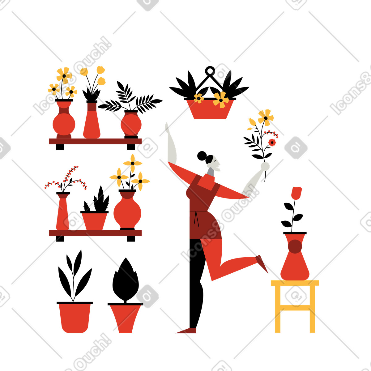 Woman decorating flower shop with flowers illustration in Burgundy style download in PNG, SVG
