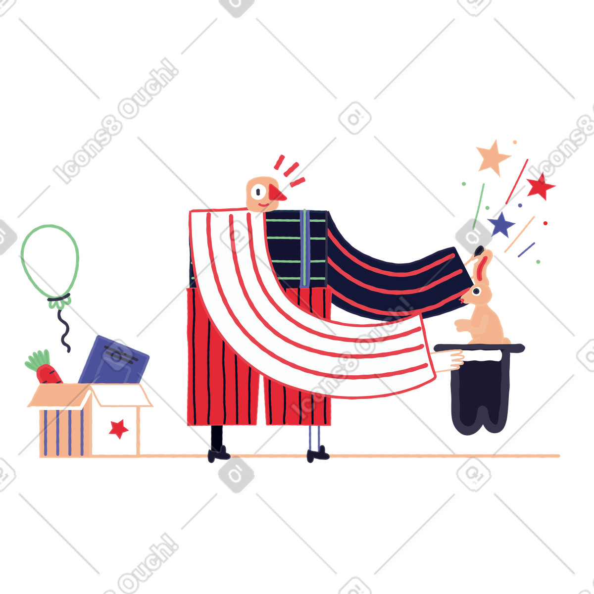 Magician pulling a rabbit out of hat illustration in Stripy style download in PNG, SVG