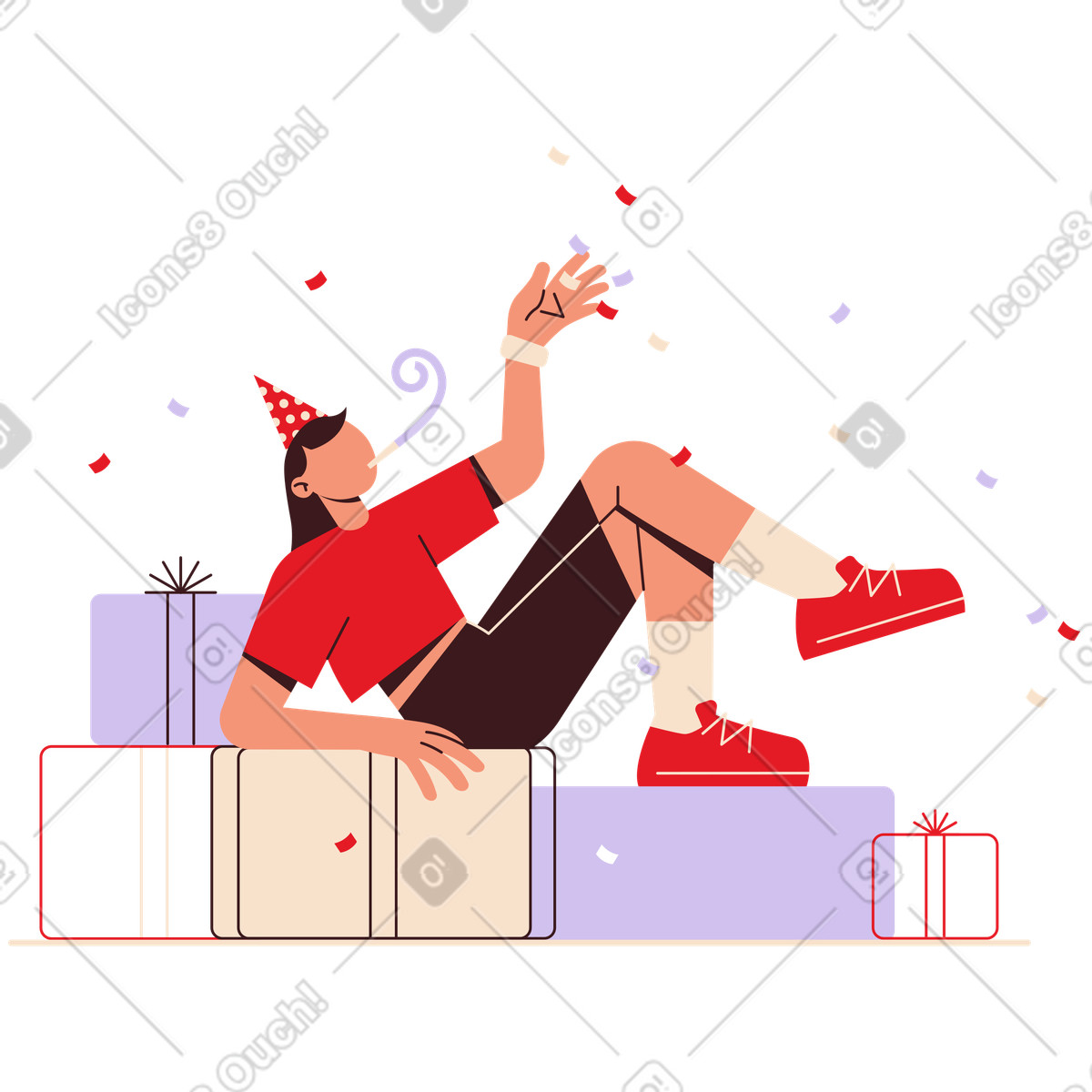 Folks スタイルの Birthday party with presents and confetti, Celebration or festive event のイラストをPNG、SVG形式でダウンロード