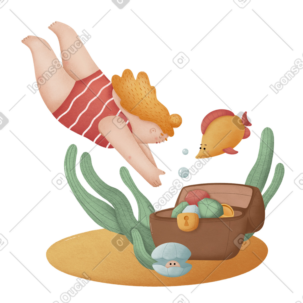 Woman underwater diving for treasures illustration in Woolly style download in PNG, SVG