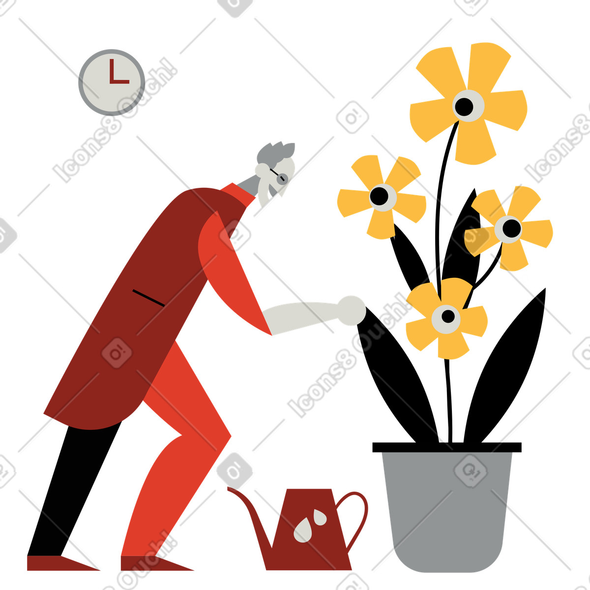 Gardener with watering can and giant potted plant, Unexpected result or something went wrong metaphor illustration in Burgundy style download in PNG, SVG