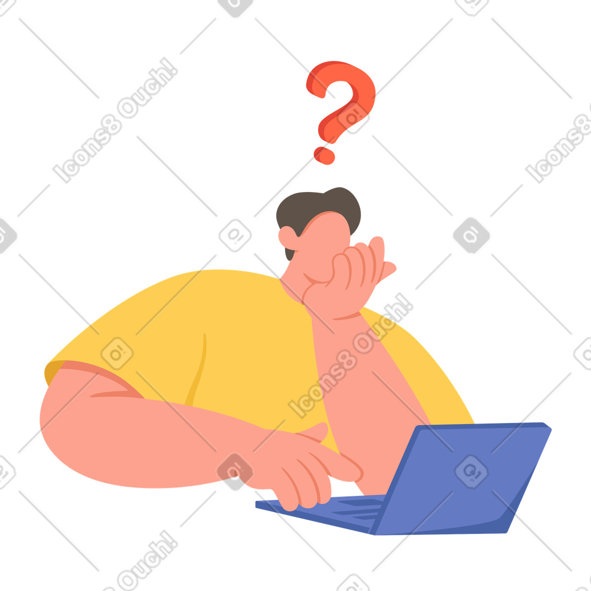 Nachdenklicher und fragender mann mit laptop-Illustration im Social-Stil als Download in PNG, SVG