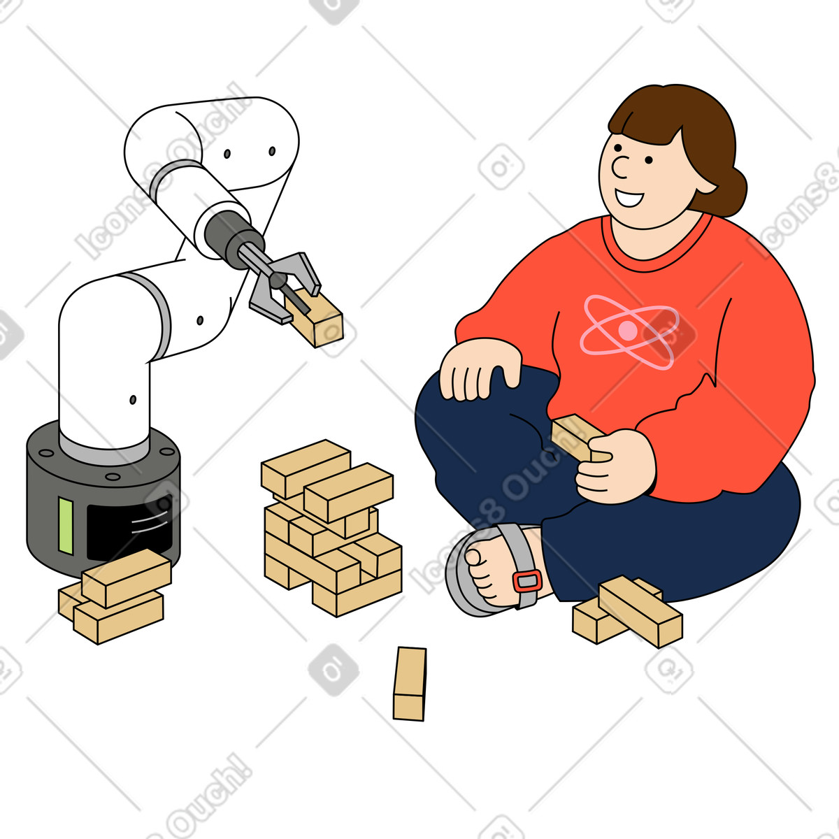 Junge frau spielt jenga mit ki-Illustration im Kindy-Stil als Download in PNG, SVG