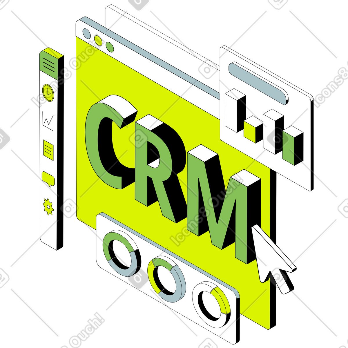 Lettering CRM in browser with graphs and cursor text illustration in PNG, SVG