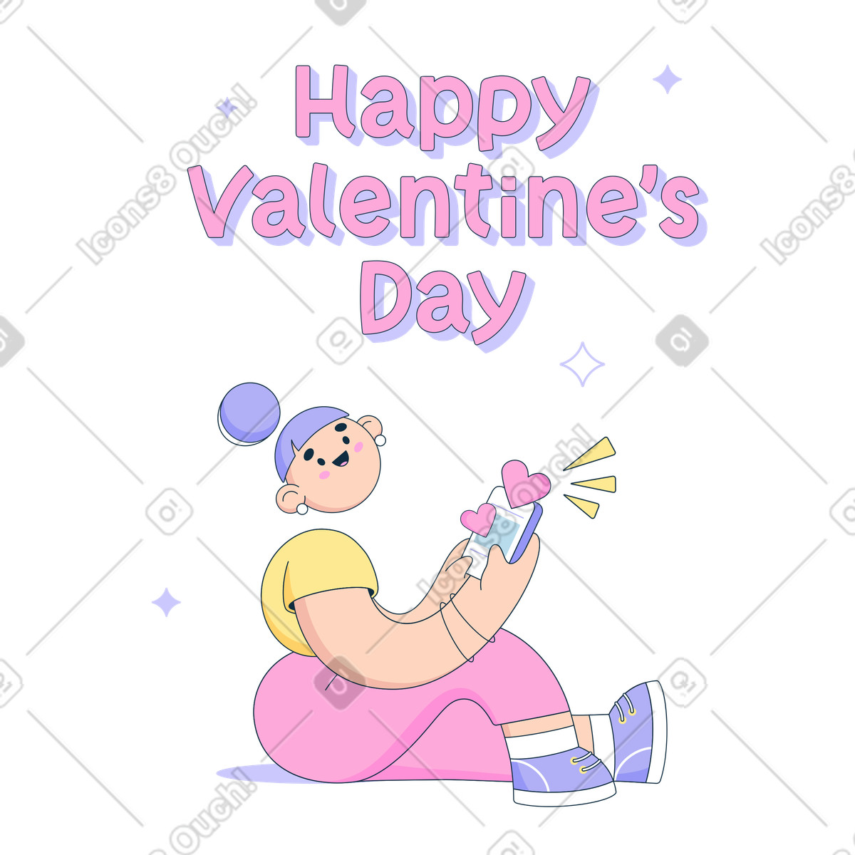 Happy Valentine's Day text and the woman with mobile phone looking up at illustration in Bubble gum style download in PNG, SVG