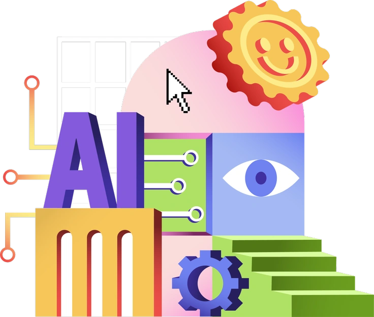Colorful abstract shapes and symbols representing AI concepts - Levels style illustration