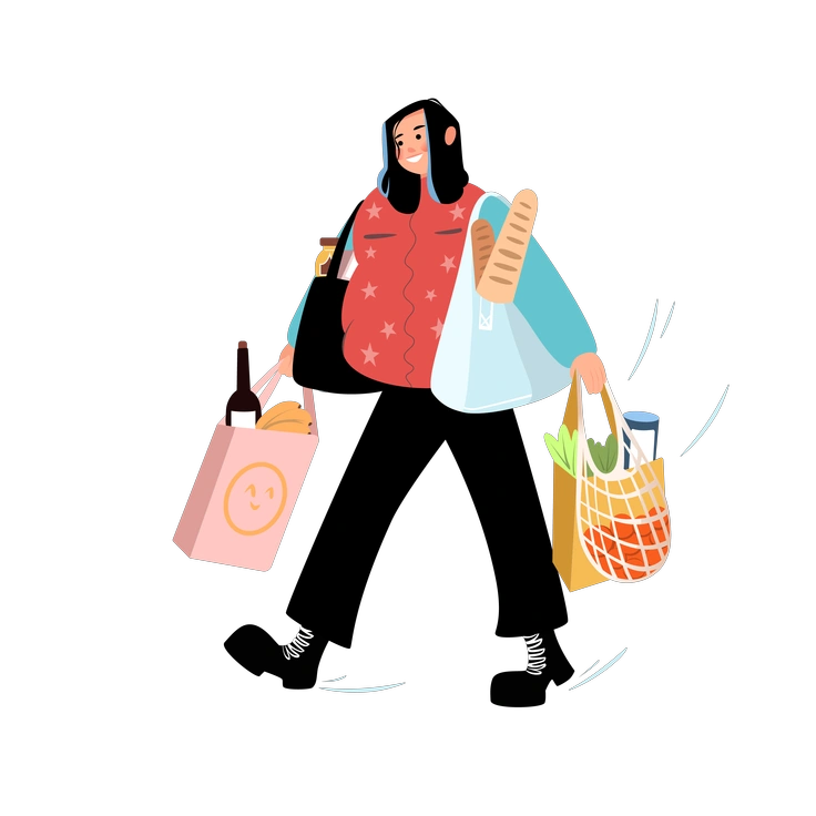 A person carrying grocery bags and drinks - Lagom style illustration