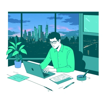 A teal entrepreneur is sitting at a sleek white desk in a modern office, intensely focused on a laptop. The entrepreneur is dressed in professional attire and surrounded by various documents and a stylish pen. In the background, large windows showcase a vibrant city skyline illuminated by countless lights. The sky is darkening, reflecting a blend of colors from the setting sun. A potted green plant sits on the corner of the desk, adding a touch of nature to the contemporary workspace.