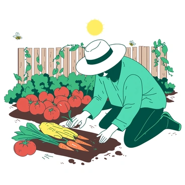 A teal person wearing a straw hat is kneeling in a vibrant vegetable garden filled with an array of colorful vegetables such as red tomatoes, orange carrots, and yellow bell peppers. The person is gently pulling weeds from around the plants, showcasing a sense of care and attentiveness. The sun is shining brightly above, casting shadows on the neatly arranged rows of vegetables, while bees are buzzing around, adding life to the garden scene. In the background, there is a wooden fence with climbing green vines, enhancing the lush atmosphere of the garden.