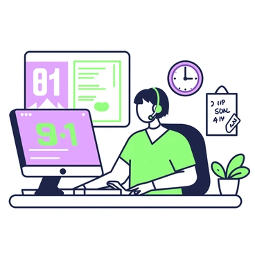 An operator at a 911 call center is seated at a desk with multiple screens displaying emergency information. The operator has short hair and is wearing a black headset with a microphone. They are speaking urgently into the headset, with a focused expression on their face. In front of them, there are buttons and a keyboard, and to the side, a notepad is open with handwritten notes. A wall clock in the background shows the time, and a small plant is placed on the desk for a touch of greenery.