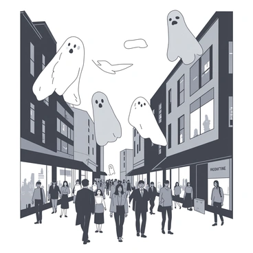 A grey group of ghostly figures is floating above a busy city street. The ghosts have various expressions, some looking curious while others appear solemn, their translucent forms billowing softly as they move. Below them, the city street is lined with tall buildings, and people walk by, oblivious to the spectral visitors above. Soft lights glow from shop windows, casting a warm, inviting light on the scene. The atmosphere is filled with an air of mystery, as the ghosts drift silently among the living.