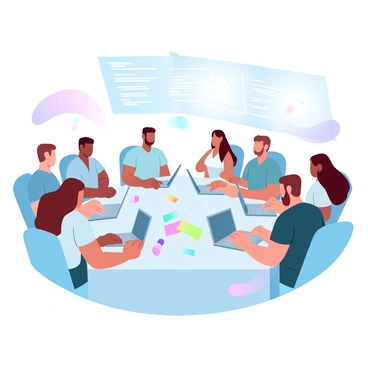 A diverse group of people is gathered around a table filled with laptops and notebooks, engaging in a tech workshop. Each participant is focusing on their screens, with some typing and others discussing elements of code. There are both men and women, representing various ethnic backgrounds, all wearing casual, comfortable clothing. Brightly colored sticky notes and markers are scattered on the table, adding vibrant pops of color. A large screen in the background displays coding examples and diagrams, enhancing the collaborative learning atmosphere.