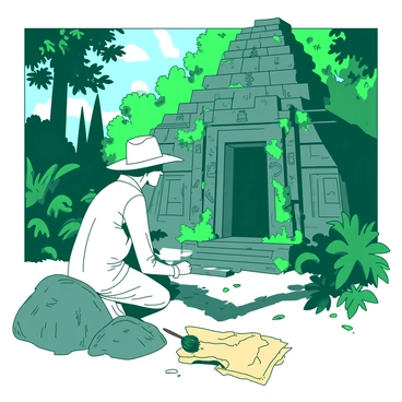 A white archaeologist wearing a wide-brimmed hat is carefully examining an ancient stone temple covered in green vines and moss. The temple features intricate carvings of mysterious symbols. Surrounding the temple, lush jungle foliage in various shades of green creates a dense backdrop. Sunlight filters through the tall trees, casting dappled shadows on the ground. Nearby, a weathered map and a small brush are placed on a stone, indicating the archaeologist's ongoing exploration.