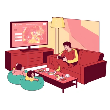A red plush sofa is positioned in a warm living room where "Ronaldo" is sitting comfortably, holding a game controller in his hands. The room features a large, flat-screen television mounted on the wall, displaying an intense gaming scene. To his left, there are two friends sitting on matching teal bean bags, both engaged in the gaming session and laughing. A coffee table in front of them is cluttered with various snacks and drinks. Warm ambient lighting from a nearby lamp casts a gentle glow over the cozy space, creating an inviting atmosphere.