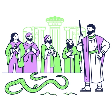 An illustration of Moses' rod transforming into a serpent in front of Pharaoh's advisors