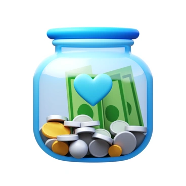 A donation jar made of glass with a heart symbol etched on the front. The jar is partially filled with an assortment of cash bills and shiny coins. The light reflects off the glass, illuminating the contents inside, showing the different colors and textures of the money. The jar has a wide opening at the top, allowing for easy access for additional donations.
