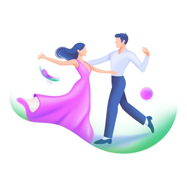 A modern pastel illustration featuring two figures gracefully dancing together. The figures are depicted in elegant poses, their arms extended and bodies in motion, conveying a sense of fluidity. They are dressed in flowing garments that ripple as they move. Soft pastel colors, such as light pinks and blues, create a harmonious atmosphere around them. In the background, abstract shapes and gentle curves enhance the feeling of movement.