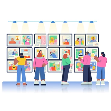 An exhibition wall is covered with a series of colorful illustrations, framed neatly in black. Each illustration features vibrant colors and intricate designs, showcasing a variety of artistic styles. The wall is well-lit, highlighting the details of each piece. There are small placards beside each illustration with titles and brief descriptions. A few people are standing in front of the wall, engaged in discussion, while others are taking notes. The floor is a polished wood, reflecting the light from the spotlights above.
