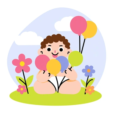 A baby with curly hair is sitting on a soft green grass patch. The baby is holding several colorful balloons in their small hands, with shades of red, blue, yellow, and green. Surrounding the baby are vibrant flowers in various colors, including pink, purple, and orange. The background consists of a clear blue sky with fluffy white clouds, enhancing the cheerful atmosphere. The scene is filled with an overall feeling of brightness and joy.