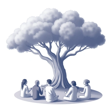 A large, broad-branched tree stands prominently in the center of an open area. Its thick trunk is textured with deep grooves and sprawling roots that spread across the ground. Beneath the tree's expansive canopy, several people are seated in a circle on the grass. Diverse individuals of various ethnic backgrounds are engaged in animated conversation, with some gesturing expressively. Each person is dressed in traditional attire that represents their unique cultural heritage. The setting evokes a sense of community and connection among them as they share stories.