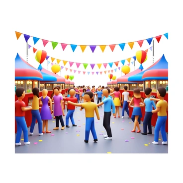 A lively street festival scene featuring "colorful decorations" such as "banners and balloons" hanging above. Groups of "diverse people dancing joyfully," wearing festive clothing. Stalls are present with "brightly colored tents" selling food and drinks. "Strings of lights" illuminate the atmosphere, creating a vibrant and inviting setting. The ground is adorned with "colorful confetti" scattered throughout, adding to the celebratory mood.