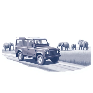A Range Rover parked in an open savannah landscape. The vehicle is positioned on a dirt path, showcasing its robust features and large tires. Nearby, a group of elephants is grazing peacefully on the grass, with their large ears and tusks visible. The elephants are spread out, some close to the Range Rover and others further back, capturing the essence of a wildlife safari. The savannah is dotted with tall grasses and sparse trees under a clear sky.