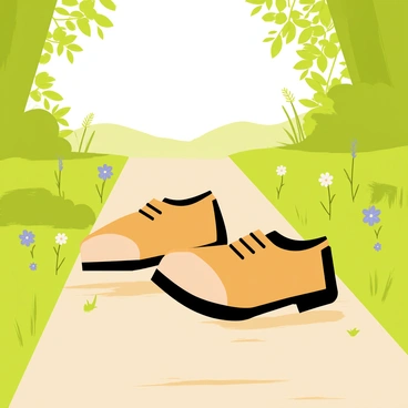 A pair of worn-out shoes in shades of brown, positioned on a narrow, overgrown path. The shoes show signs of aging, with scuff marks and frayed edges. Surrounding the shoes are patches of green grass and small wildflowers, indicating nature's reclaiming of the area. Sunlight filters through nearby trees, casting dappled shadows on the path, enhancing the sense of abandonment. In the background, a faint outline of distant hills can be seen, adding depth to the scene.