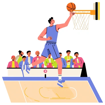 A basketball player in a bright blue jersey leaps off the hardwood floor in mid-air, preparing to dunk a basketball. His muscular legs are bent, propelling him upwards, while his arms are extended overhead towards the orange rim. The basketball is just above his fingertips, and his focused expression captures the intensity of the moment. In the background, a vibrant crowd is cheering, with some fans waving colorful banners. The polished wooden court is visible beneath him, with the three-point line and a scoreboard in the distance.