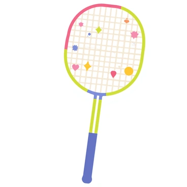 A badminton racket featuring a long, slender handle and a large oval head. The frame of the racket is decorated with colorful whimsical doodles, including stars, hearts, and abstract shapes. The strings of the racket are tightly woven, creating a grid pattern. The background is a soft gradient that contrasts with the vibrant doodles on the frame.