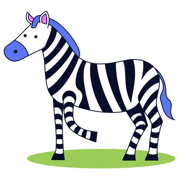 A zebra standing on four legs. The zebra has bold black and white stripes that create a striking pattern across its body. It holds its head high, with its ears perked up attentively. The zebra is positioned on a patch of green grass, with a clear blue sky in the background.