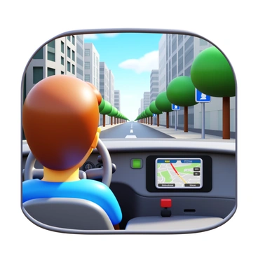 A driver sitting in a modern car, focused on navigating through an urban environment. The dashboard features a sleek onboard GPS system displaying a map with highlighted routes. The driver has short brown hair, wearing a blue shirt, and is intently looking at the screen. Outside the vehicle, unfamiliar streets are lined with trees and buildings. Street signs are visible, and the weather is clear with bright sunlight illuminating the scene.