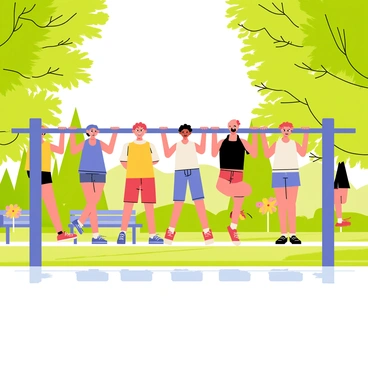 A scenic park with lush green trees and colorful flowers in the background. A group of five adults is performing pull-ups on a horizontal bar. Each adult has a different appearance, with varied hairstyles and athletic outfits. The adults are positioned evenly along the bar, showcasing their strength as they pull themselves upward. Sunlight filters through the leaves, casting dappled shadows on the ground. Some park benches and a walking path can be seen in the distance, adding to the lively atmosphere of the park.