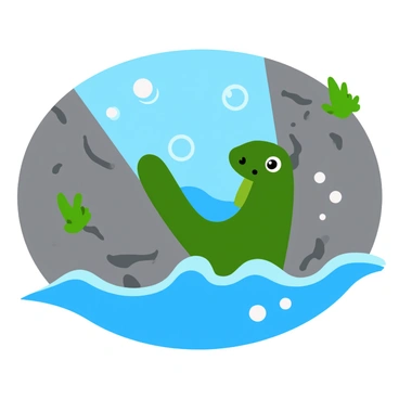 An eel with a sleek, elongated body and smooth skin is peeking out from a crevice in a rocky underwater cave. The cave walls are covered in textured gray and brown rocks, with small patches of green seaweed clinging to them. The water is clear, allowing light to filter through and create a shimmering effect. Bubbles are rising gently around the eel, enhancing the underwater atmosphere. The eel's eyes are bright and curious, watching the surroundings from its hiding spot.