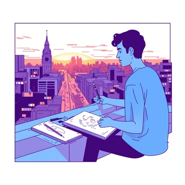 An artist wearing a blue shirt is sitting on a rooftop, holding a sketchbook and pencil in hand. The sketchbook is open, displaying an outline of a vibrant cityscape. Below the rooftop, the city is filled with tall buildings and busy streets alive with the movement of cars and pedestrians. In the distance, a large clock tower stands out among the skyline. The sun is setting, casting a warm light over the scene, enhancing the colors of the city. The artist's focused expression indicates their concentration on capturing the essence of the bustling city below.