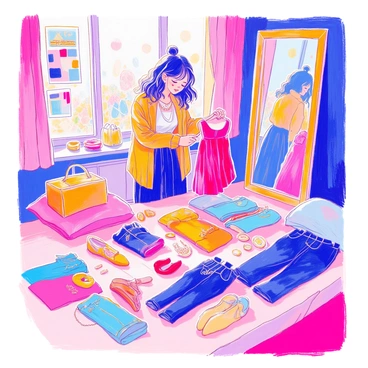 A person stands in a well-lit room, carefully examining various outfits laid out on a bed. They are holding a vibrant red dress in one hand while looking at a pair of shoes on the floor. Around them, there are neatly arranged clothes on the bed, including tops, skirts, and trousers, along with a variety of accessories such as necklaces, bracelets, and a handbag. A large mirror reflects their thoughtful expression, and a colorful wall with framed pictures serves as the backdrop.