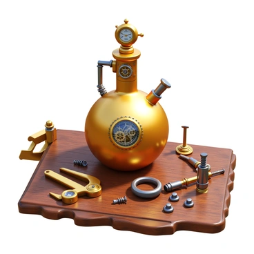 A steampunk-inspired flask made of polished brass, adorned with intricate gears and clockwork elements. The flask features an ornate cap with a small pressure gauge and tubes protruding from the sides. It is placed on a rustic wooden table, surrounded by various vintage tools including a pair of brass calipers, a small magnifying glass, and scattered screws. The table surface shows signs of wear, adding to the industrial aesthetic of the scene. The lighting casts soft shadows, highlighting the details of the flask and tools.