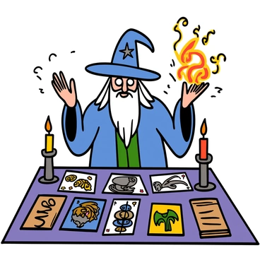 A wizard with light skin and long, flowing white hair stands confidently at a table, casting a spell. He is wearing a deep blue robe adorned with silver stars and intricate patterns. His hands are raised, surrounded by swirling magical energy, glowing with vibrant colors. On the table, fantasy-themed cards are spread out, showcasing intricate illustrations of mythical creatures and powerful spells. A fierce look of concentration is on the wizard's face as he engages in an intense card game battle, with a background of dimly lit candles and ancient scrolls adding to the mystical atmosphere.