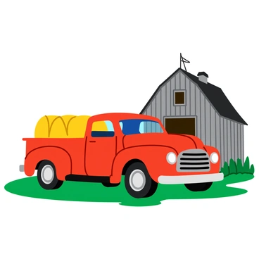 A vintage pickup truck in a bright red color is parked next to a rustic barn with weathered wooden planks. The truck has a shiny chrome grille and large round headlights. In the back of the truck, there are several round hay bales stacked neatly. The barn features a peaked roof and has a small weather vane on top, while green grass surrounds the scene. The sun shines brightly, casting soft shadows on the ground.
