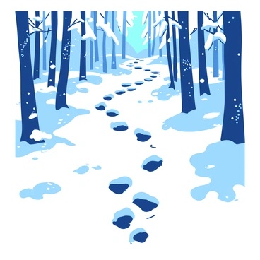A series of animal tracks is visible on a snow-blanketed forest pathway. The pathway is flanked by tall, white trees covered in a thick layer of snow, creating a serene winter atmosphere. The tracks lead deeper into the forest, winding through the snow, with the surrounding area filled with glistening snowflakes. In the background, soft shadows are cast by the trees, adding depth to the scene. The light filters through the branches, illuminating patches of snow on the ground.