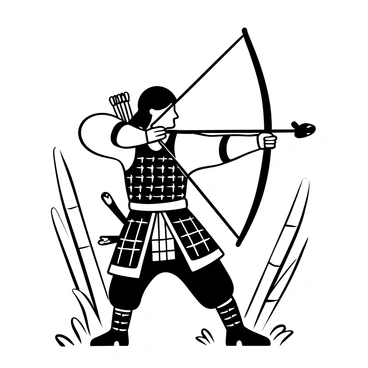 A samurai bowman in traditional armor aiming at an unseen target