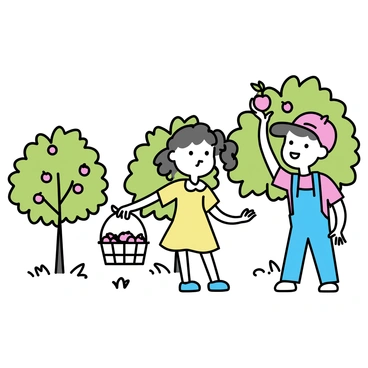 Two children, a boy and a girl, are picking apples in a lush orchard. The boy, wearing a red cap and blue overalls, reaches up to grab a ripe apple from a low-hanging branch. The girl, with pigtails and a yellow dress, stands nearby holding a wicker basket filled with shiny red apples. The background features green trees with abundant leaves, and a few apples scattered on the ground around them. The sunlight filters through the branches, casting soft shadows on the grass.