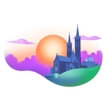 A breathtaking view of a sunset over Fulda, featuring vibrant oranges and purples in the sky. The silhouettes of historical landmarks are prominently displayed against the backdrop of the colorful sky. A silhouette of the Fulda Cathedral stands tall, with its distinctive towers outlined against the fading light. Another landmark, the Palace of Fulda, is also visible, characterized by its elegant architecture. The scene captures the essence of the city with its unique skyline during this enchanting moment.